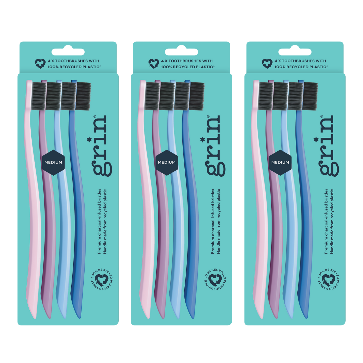 Grin 100% Recycled Toothbrush 4pk Medium Purple