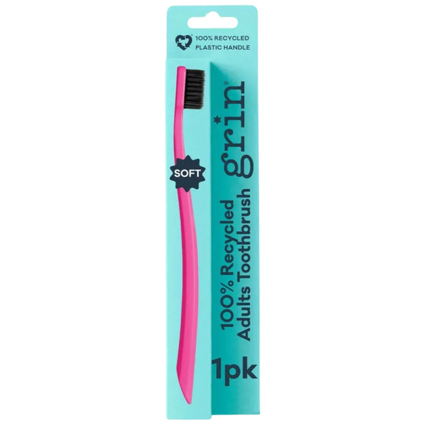 Grin Charcoal-Infused 100% Recycled Toothbrush for Sensitive Teeth and Gums - Fuschia - Soft